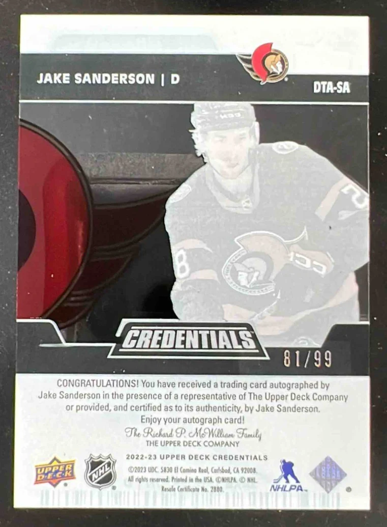 2022 Upper Deck Credentials Debut Ticket Access #DTA-SA Jake Sanderson Auto /99 - Image 2