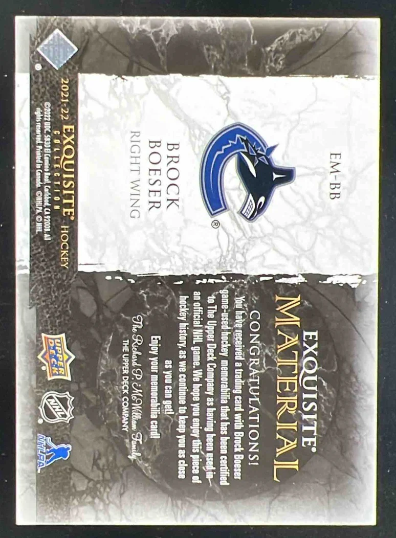 2021-22 Black Diamond Exquisite Collection Materials #EM-BB Brock Boeser /49 - Image 2