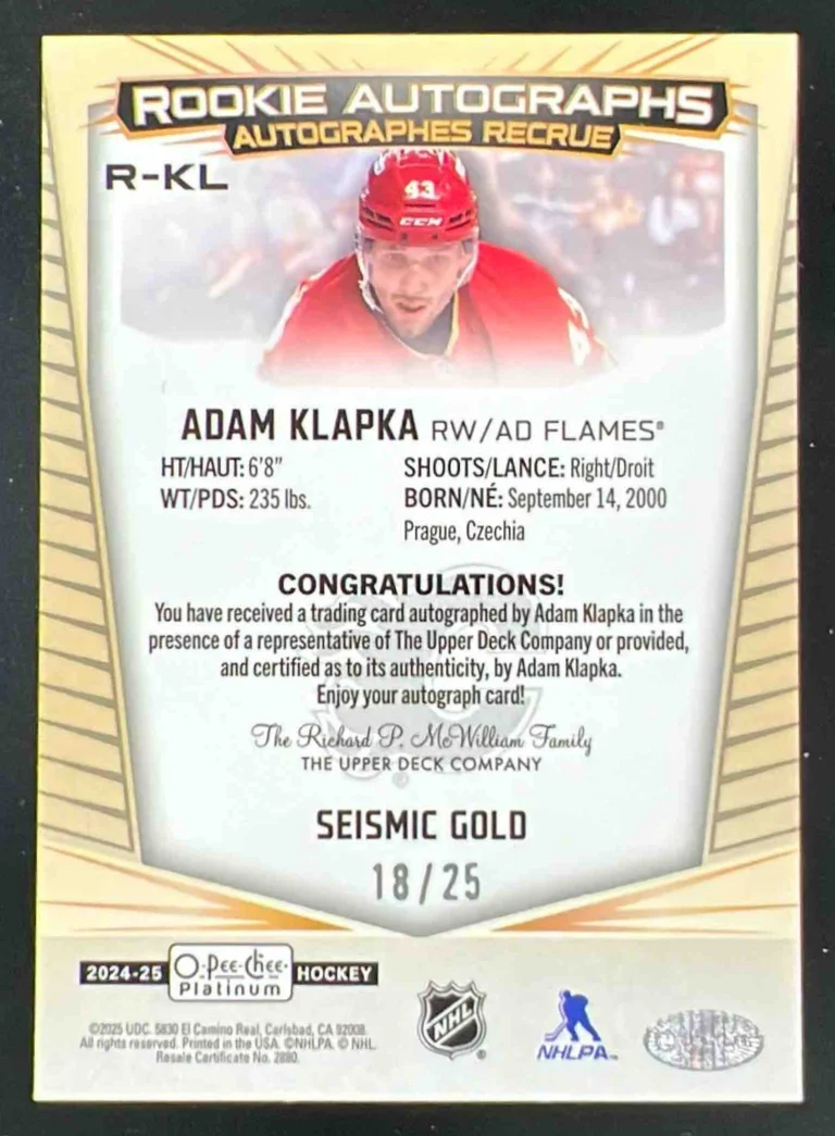 2024 O-Pee-Chee Platinum Rookie Auto Seismic Gold #R-KL Adam Klapka RC Auto /25 - Image 2
