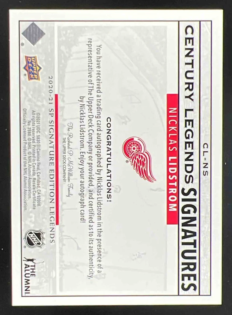 2020 SP Signature Edition Legends Century Legends #CL-NL Nicklas Lidstrom Auto - Image 2