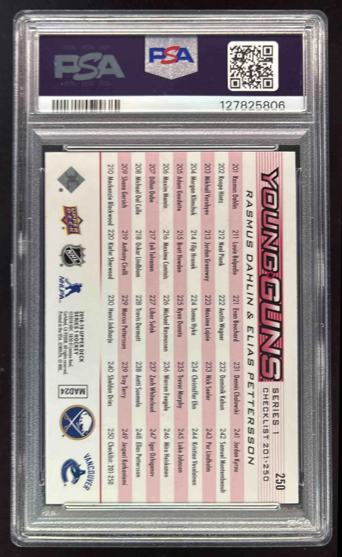 2018 UD Exclusives #250 Checklist Rasmus Dahlin Elias Pettersson /100 PSA 9 - Image 2