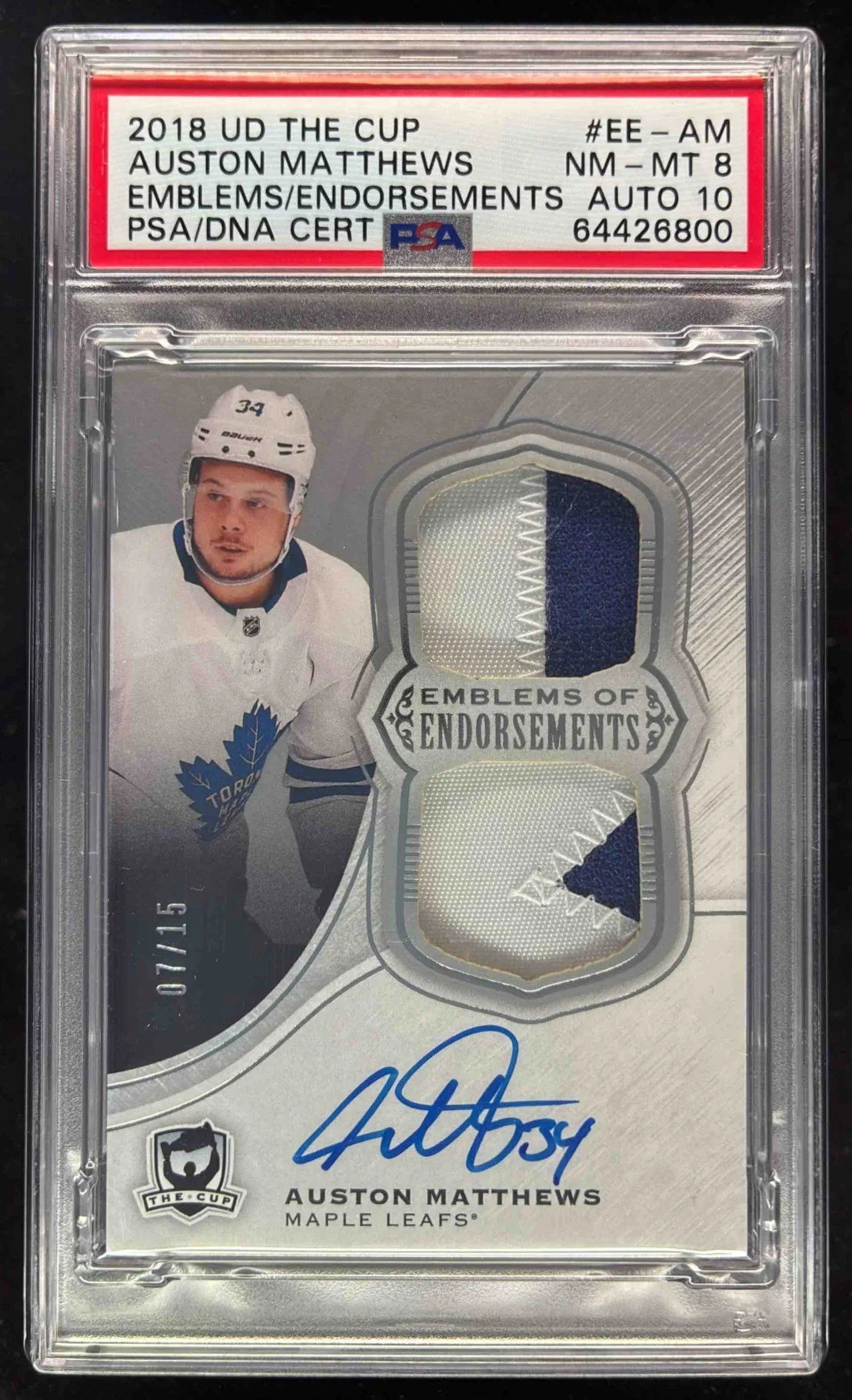 2018-19 The Cup Emblems of Endorsement Patch Auston Matthews Auto /15 PSA 8