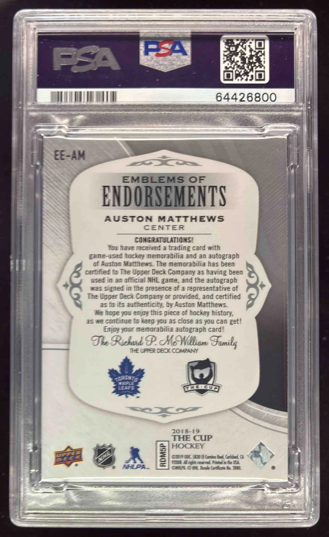 2018-19 The Cup Emblems of Endorsement Patch Auston Matthews Auto /15 PSA 8 - Image 2