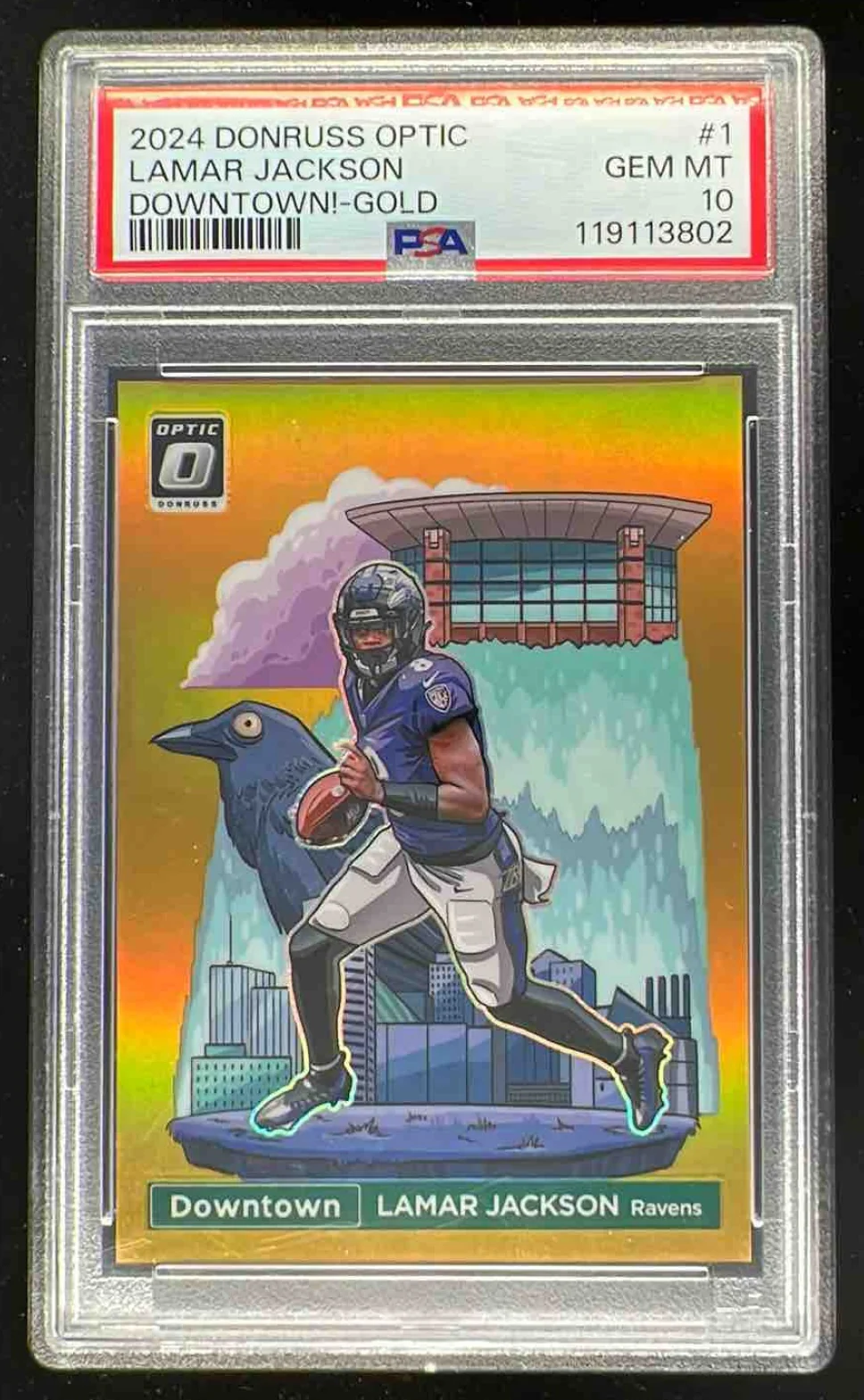 2024 Panini Donruss Optic Downtown! Gold #1 Lamar Jackson SSP /10 PSA 10