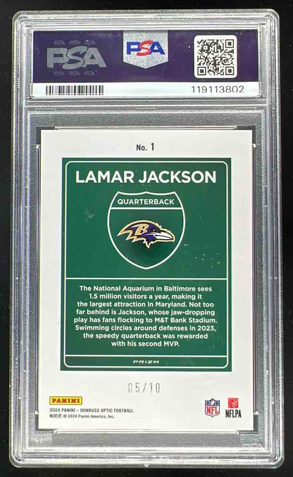 2024 Panini Donruss Optic Downtown! Gold #1 Lamar Jackson SSP /10 PSA 10 - Image 2