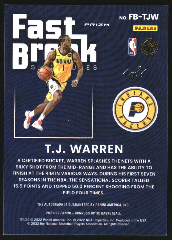 2017-18 Donruss Optic Fast Break Black Autograph TJ Warren Auto 1/1 - Image 2