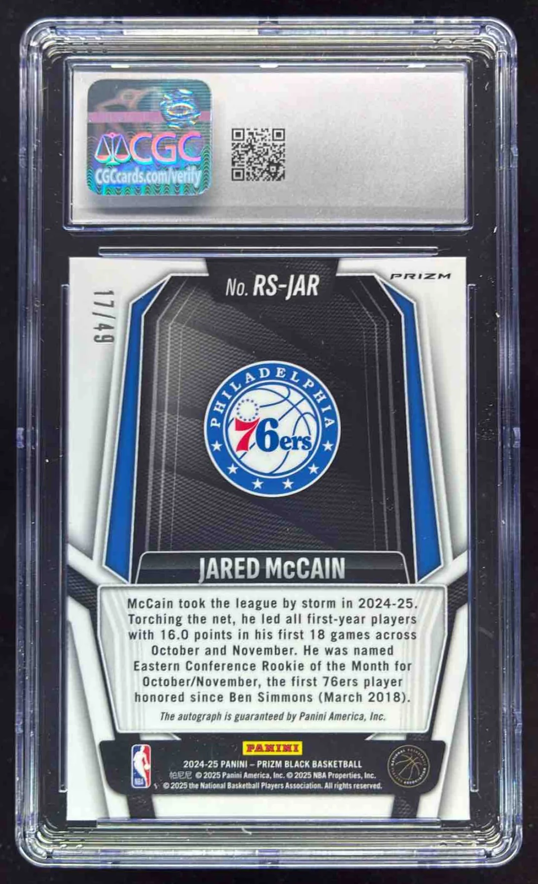 2024-25 Panini Prizm Black Rookie  Blue Prizms Jared McCain RC Auto /49 CGC 10 - Image 2