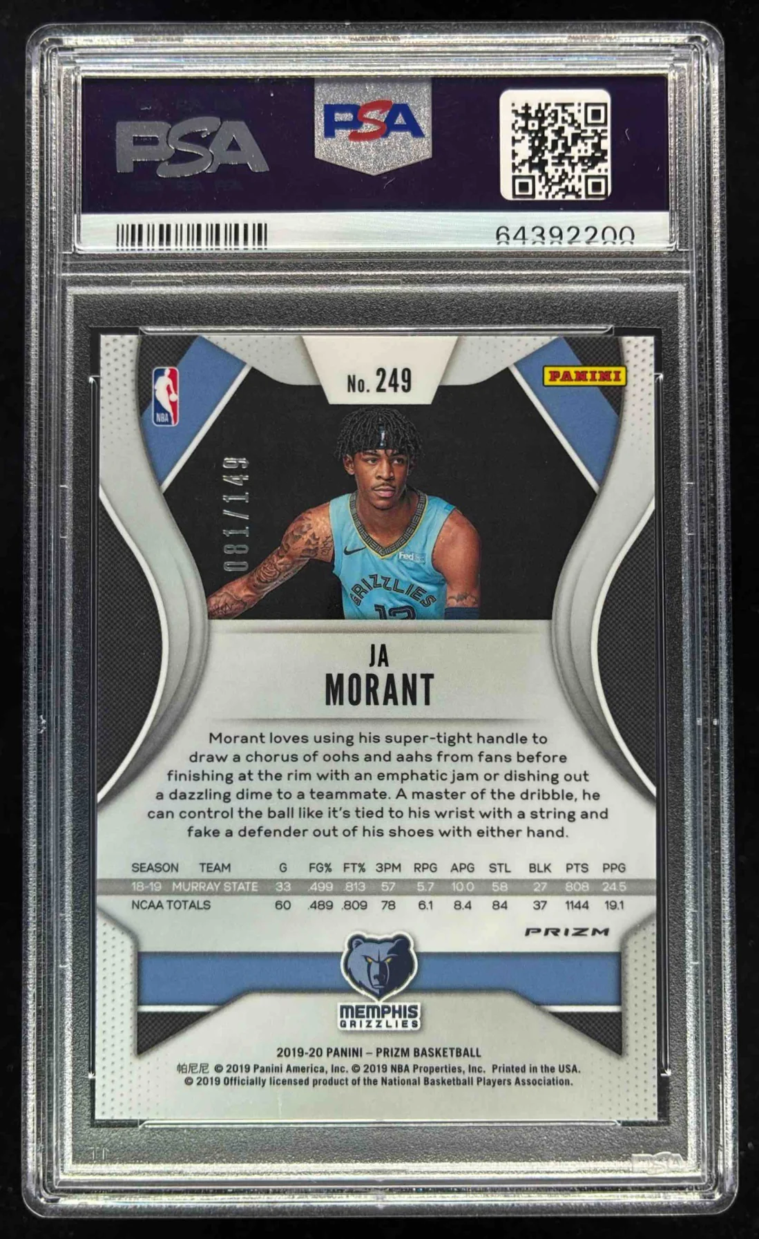 2019-20 Panini Prizm Prizms Purple Ice #249 Ja Morant RC /149 PSA 9 - Image 2