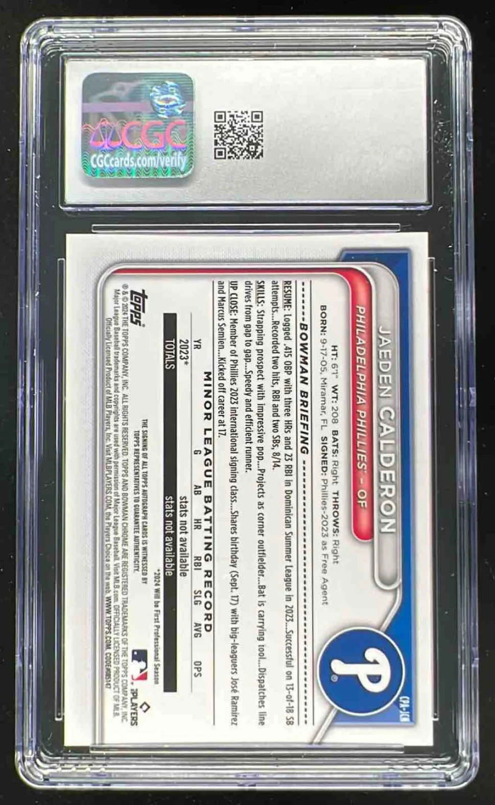 2024 Bowman Chrome Orange Refractor #CPA-JCN Jaeden Calderon RC Auto /25 CGC 10 - Image 2