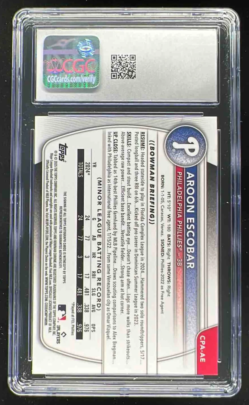 2025 Bowman Chrome Purple Refractor #CPA-AE Aroon Escobar RC Auto /250 CGC 10 - Image 2
