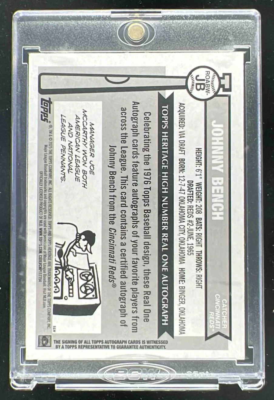 2025 Topps Heritage High Number Real One Black and White Johnny Bench Auto /25 - Image 2