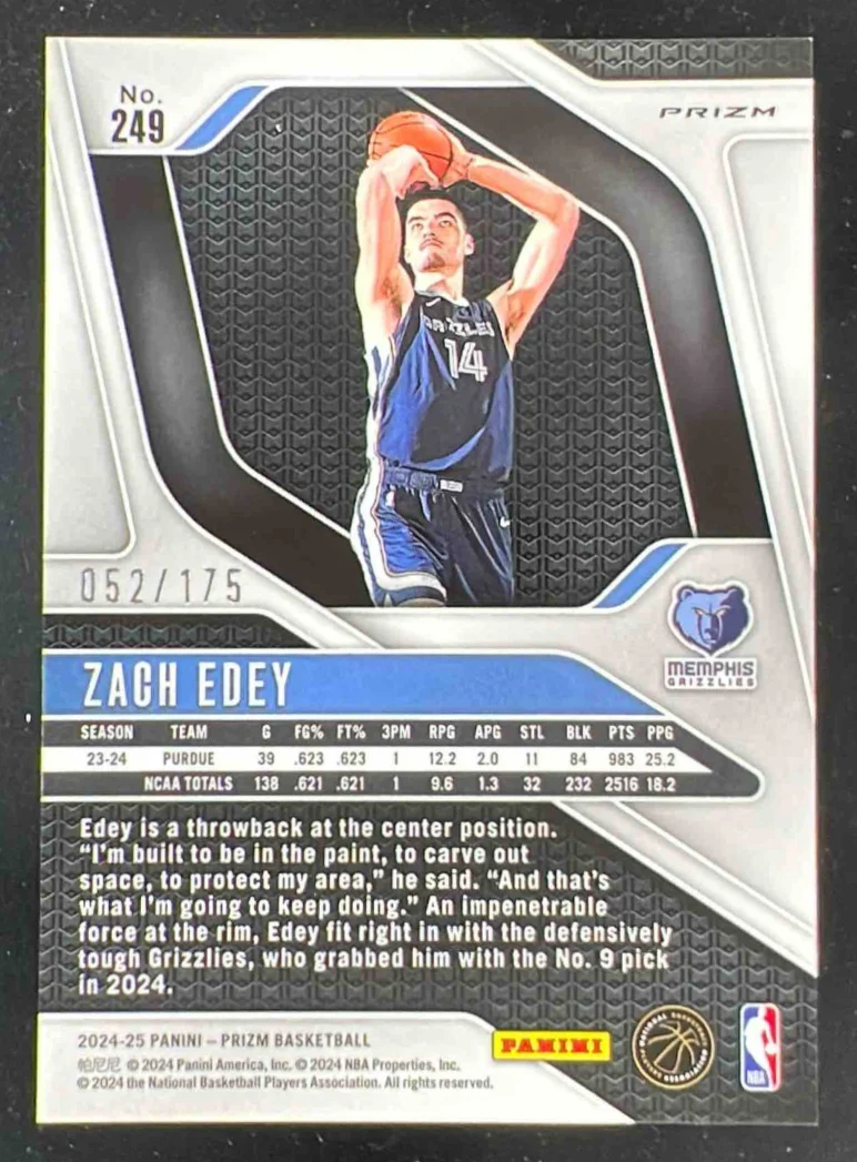 2024-25 Panini Prizm White Prizm #249 Zach Edey RC /175 - Image 2