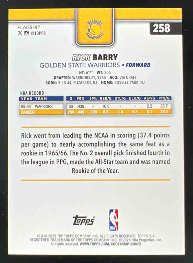 2025-26 Topps Season Tip-Off Orange Foil #258 Rick Barry /25 - Image 2
