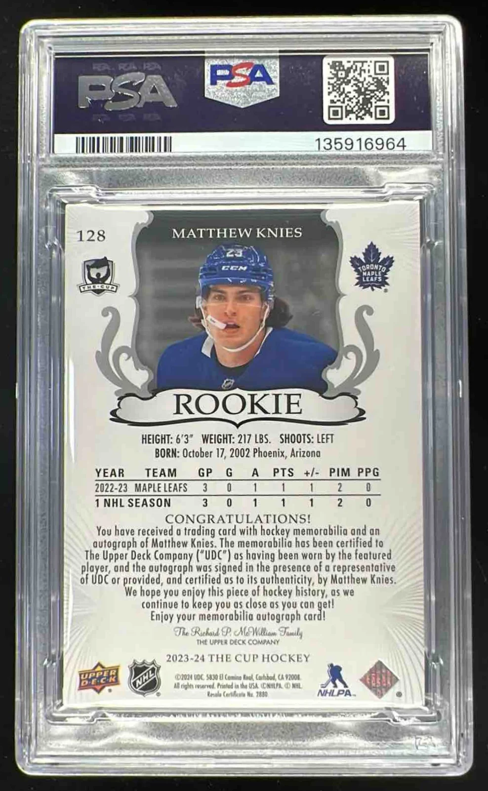 2023 The Cup Gold Foil #128 Matthew Knies Autograph RC Auto /24 PSA 9 - Image 2