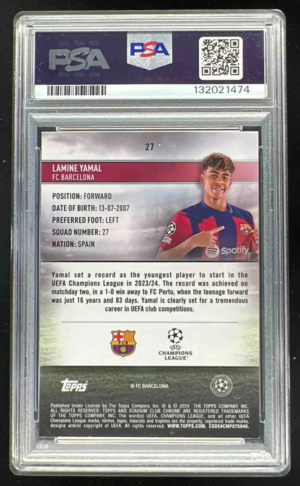 2023-24 Stadium Club Chrome UCC #27 Lamine Yamal RC Rookie PSA 10 - Image 2