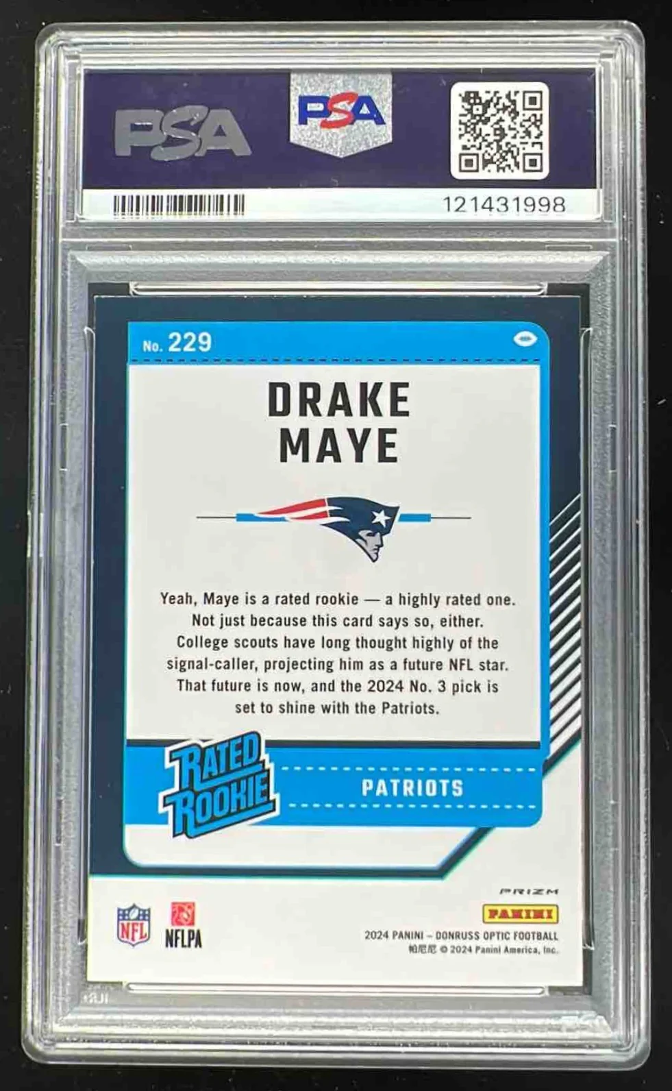2024 Panini Donruss Optic Pink #229 Drake Maye Rated Rookie PSA 9 - Image 2