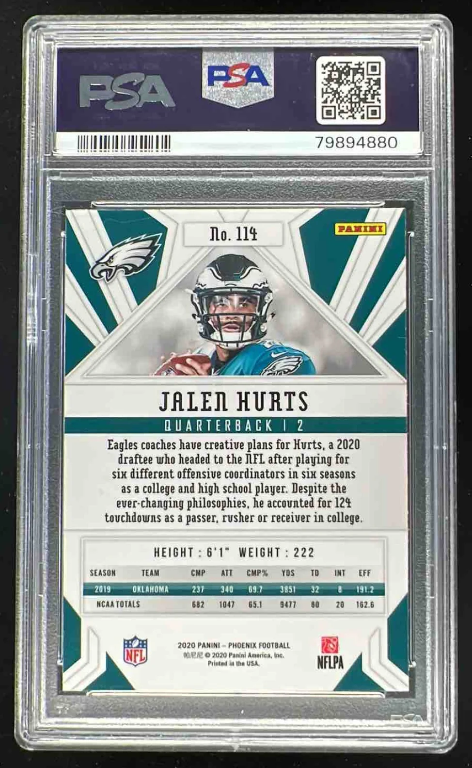 2020 Panini Phoenix Fire Burst #114 Jalen Hurts RC PSA 10 - Image 2