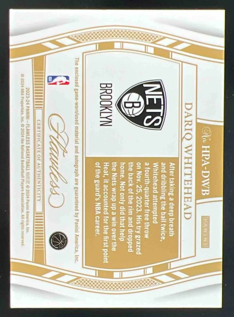 2023-24 Flawless Horizontal Patch Gold #HPA-DWB Dariq Whitehead RC Auto /10 - Image 2
