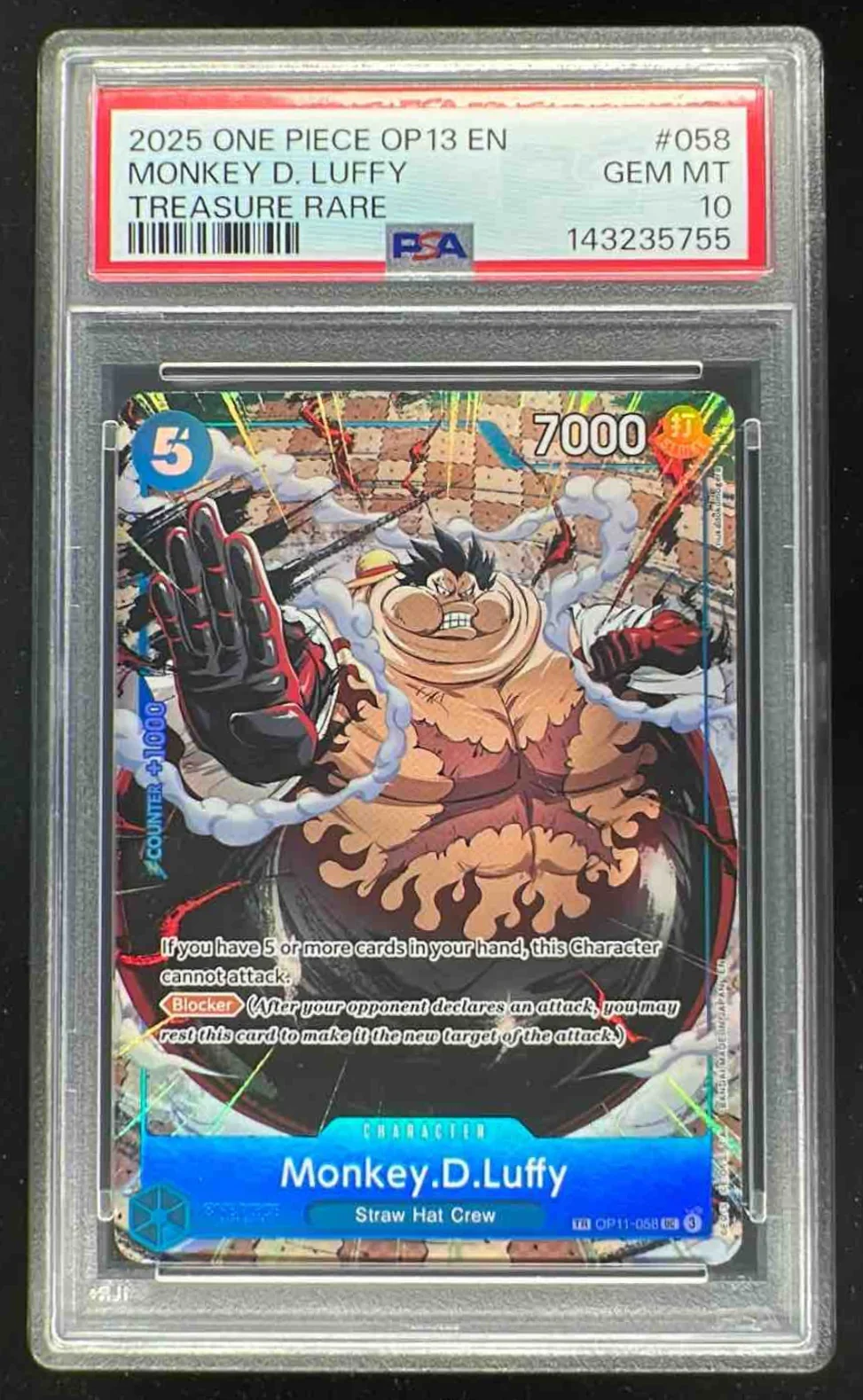 2025 One Piece OP13 EN Treasure Rare #058 Monkey D. Luffy PSA 10