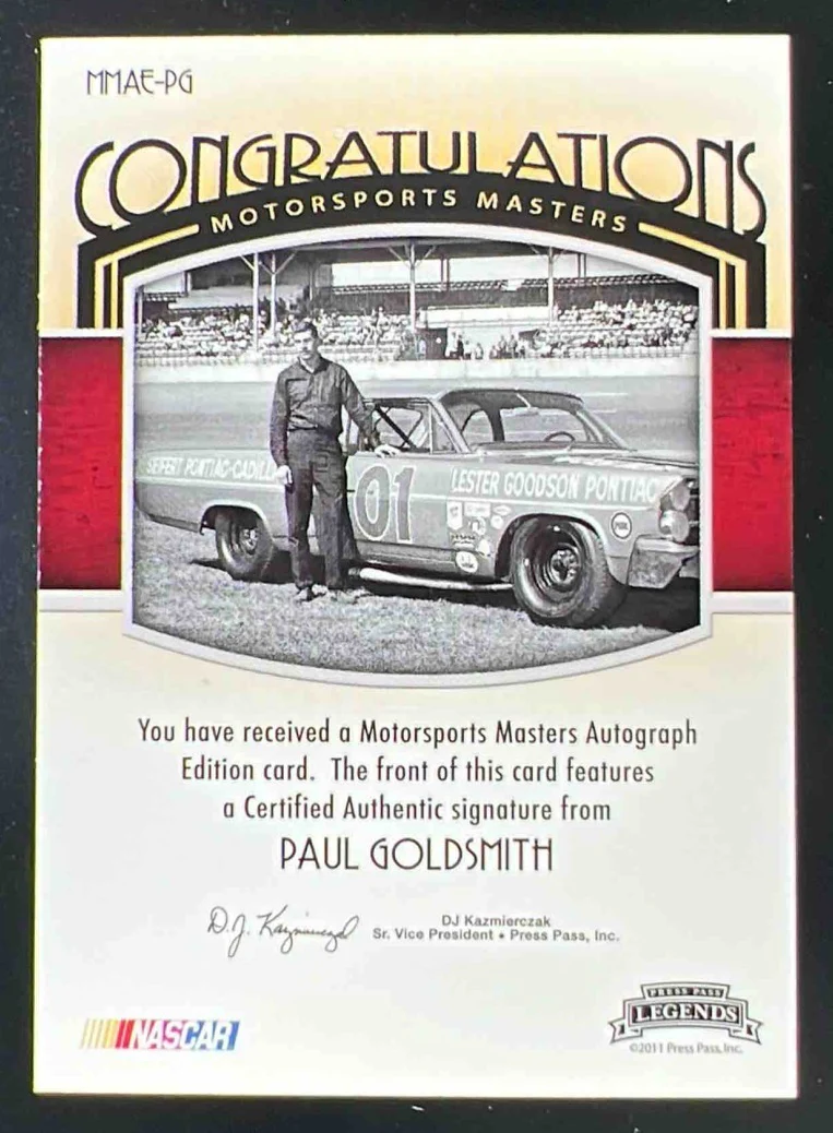 2011 Press Pass Legends Motorsports Masters Silver #PG Paul Goldsmith Auto /74 - Image 2
