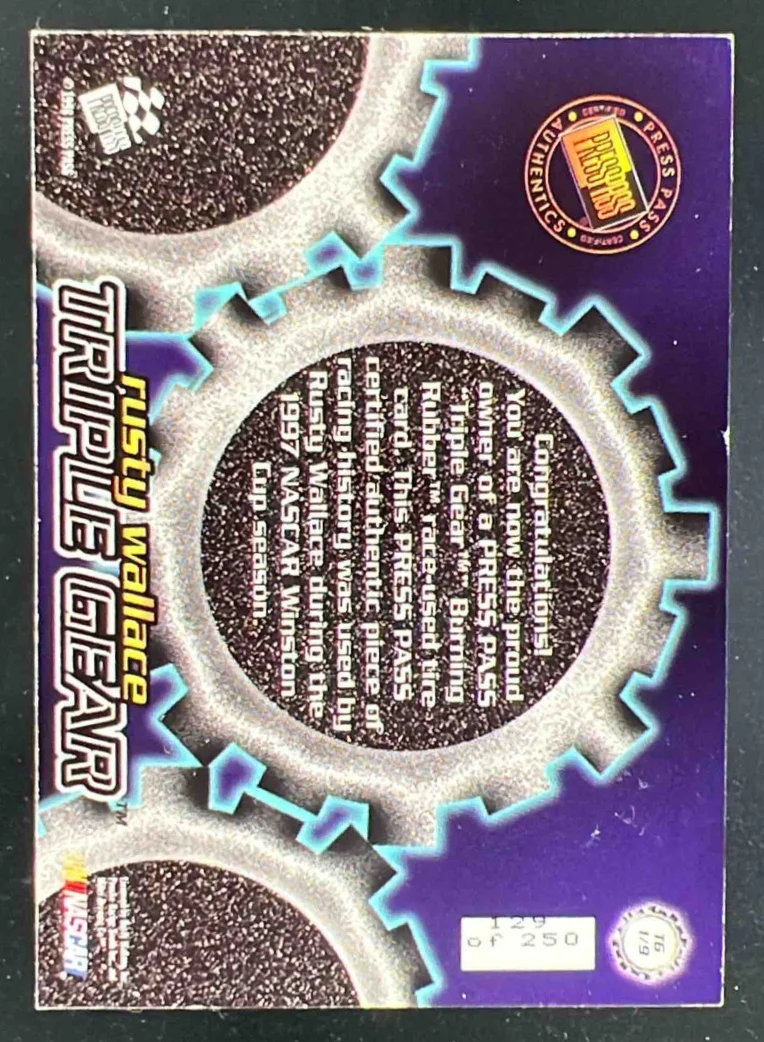 1998 Press Pass Triple Gear Burning Rubber #TG1 Rusty Wallace /250 - Image 2
