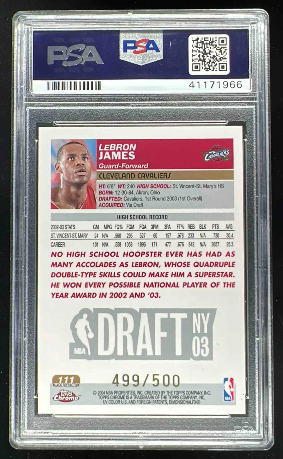 2003-04 Topps Chrome Refractors Black #111 Lebron James RC /500 PSA 9 - Image 2