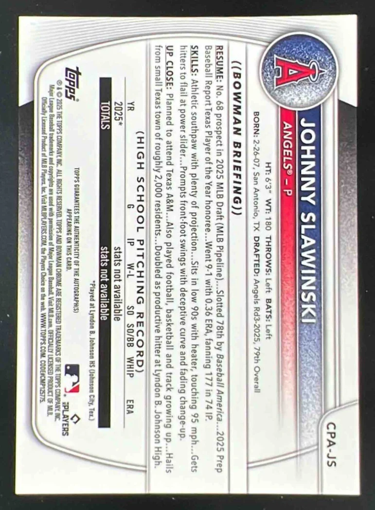 2025 Bowman Draft Chrome Autograph #CPA-JS Johnny Slawinski RC Auto - Image 2