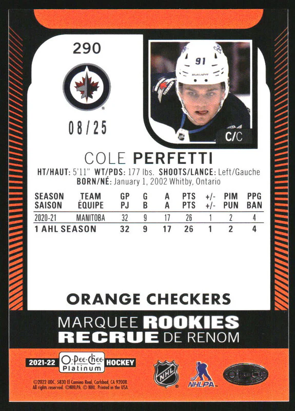 2021-22 O-Pee-Chee Platinum Orange Checkers #290 Cole Perfetti RC /25 - Image 2