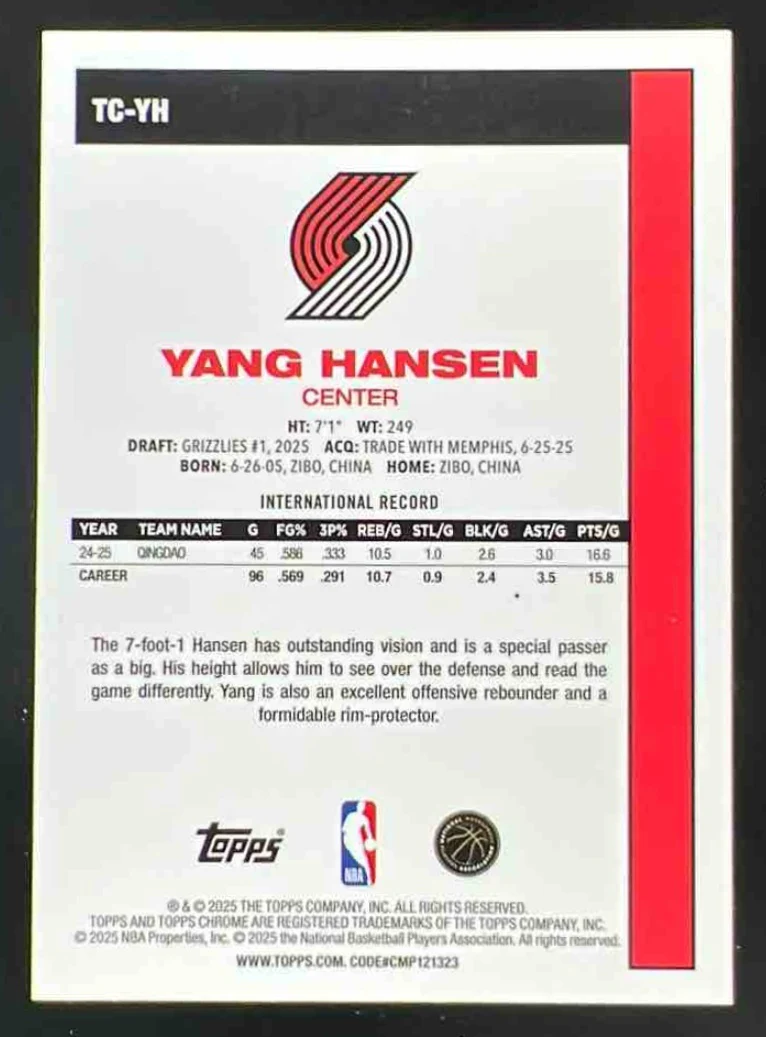 2025-26 Topps 1980-81 Chrome Blue Mojo Refractor #TC-YH Yang Hansen RC /150 - Image 2