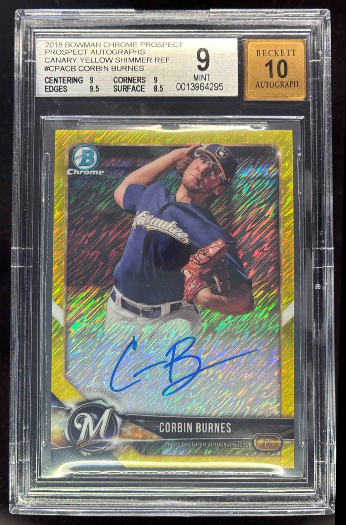 2018 Bowman Chrome Auto Canary Yellow Shimmer #CPA-CB Corbin Burnes /10 BGS 9