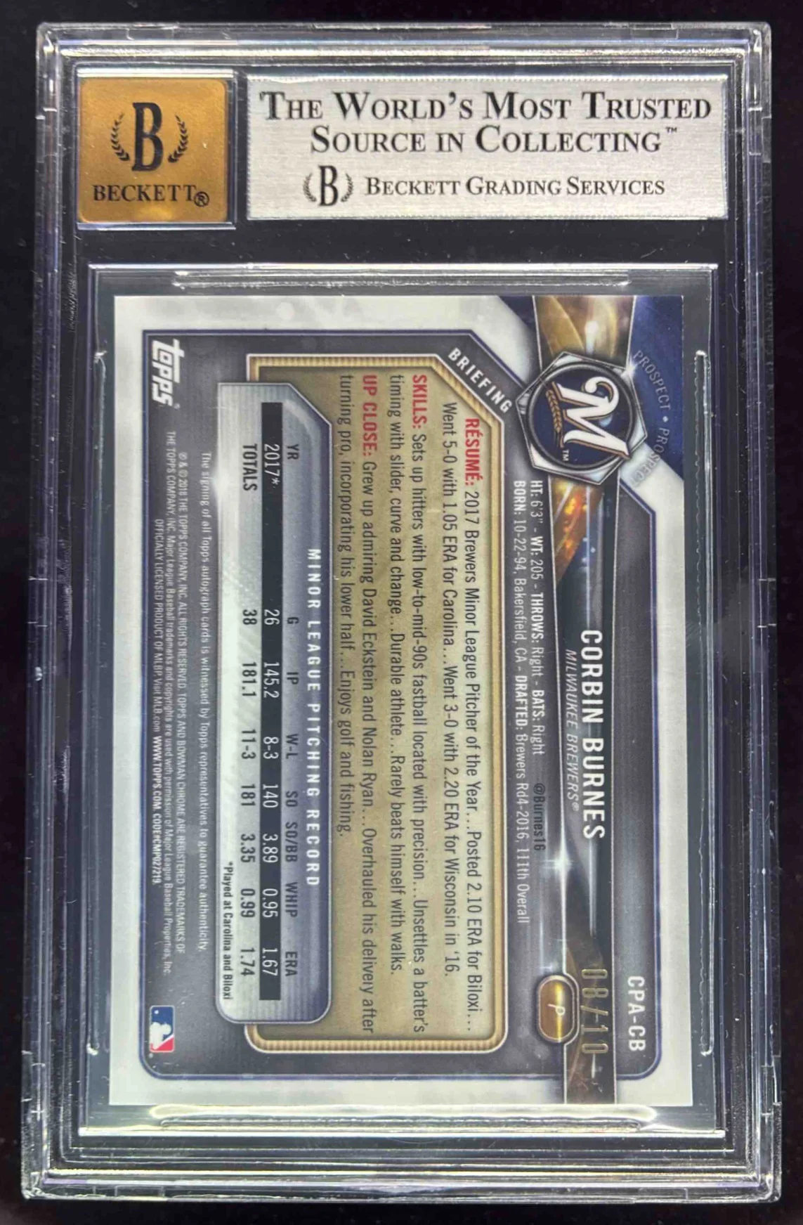 2018 Bowman Chrome Auto Canary Yellow Shimmer #CPA-CB Corbin Burnes /10 BGS 9 - Image 2