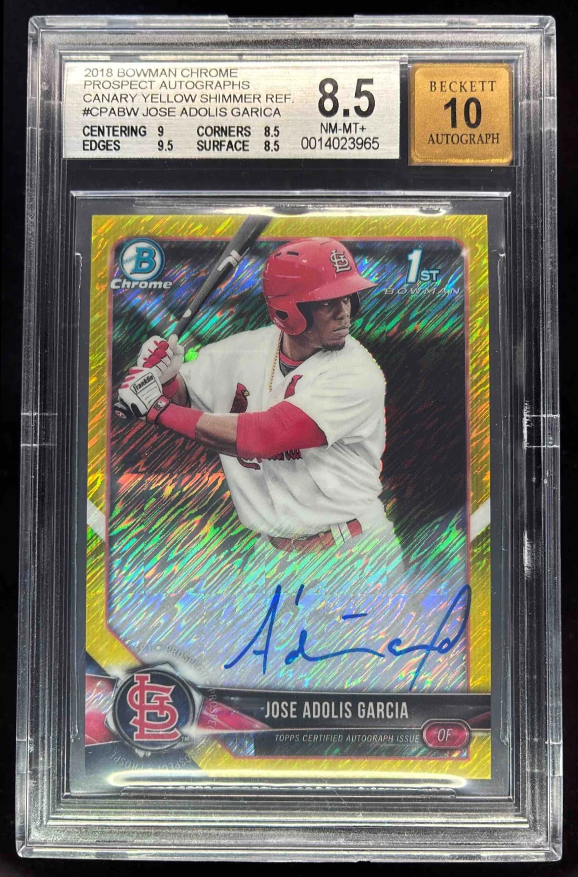 2018 Bowman Chrome Auto Canary Yellow Shimmer Jose Adolis Garcia /10 BGS 8.5