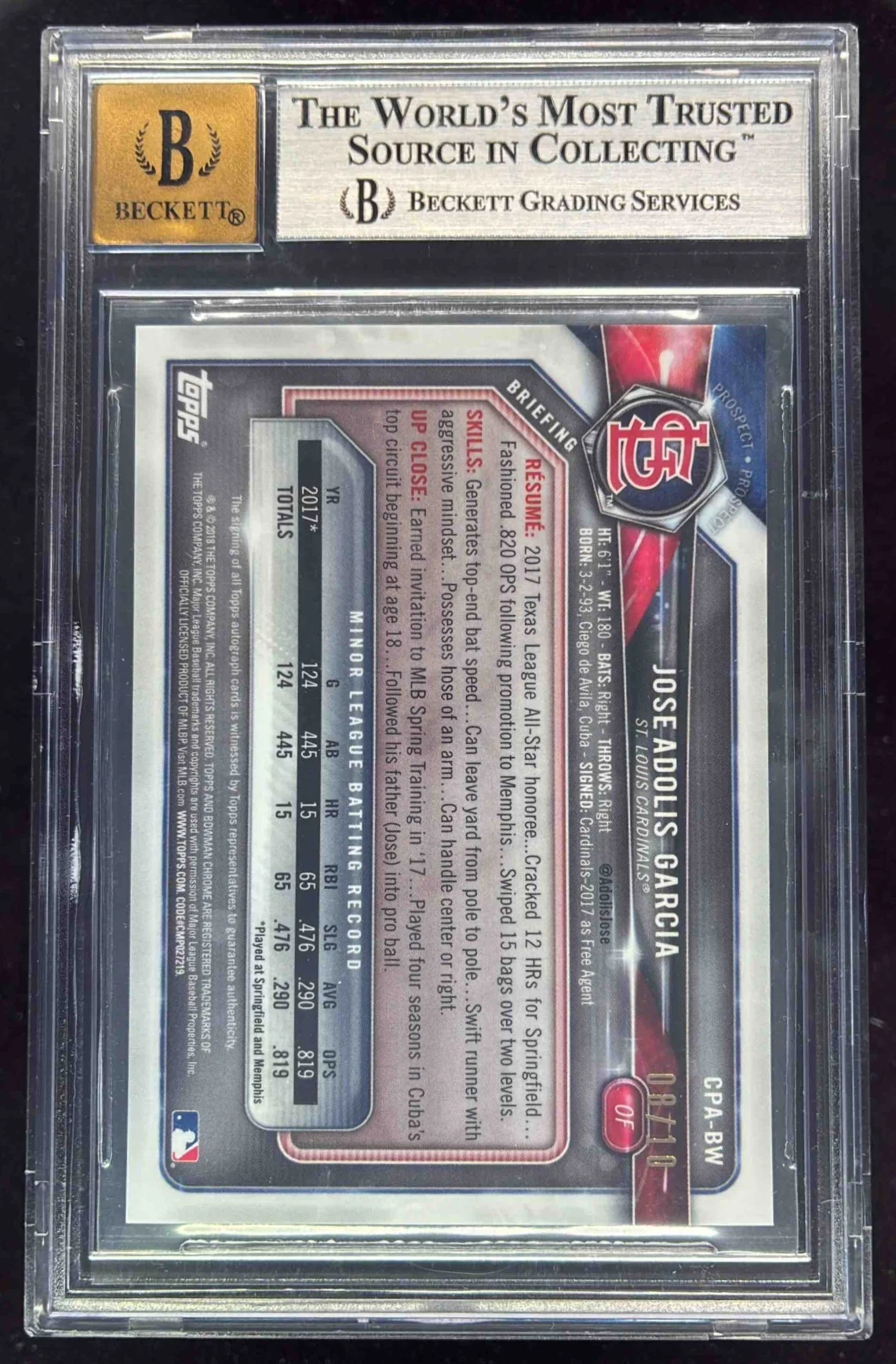 2018 Bowman Chrome Auto Canary Yellow Shimmer Jose Adolis Garcia /10 BGS 8.5 - Image 2