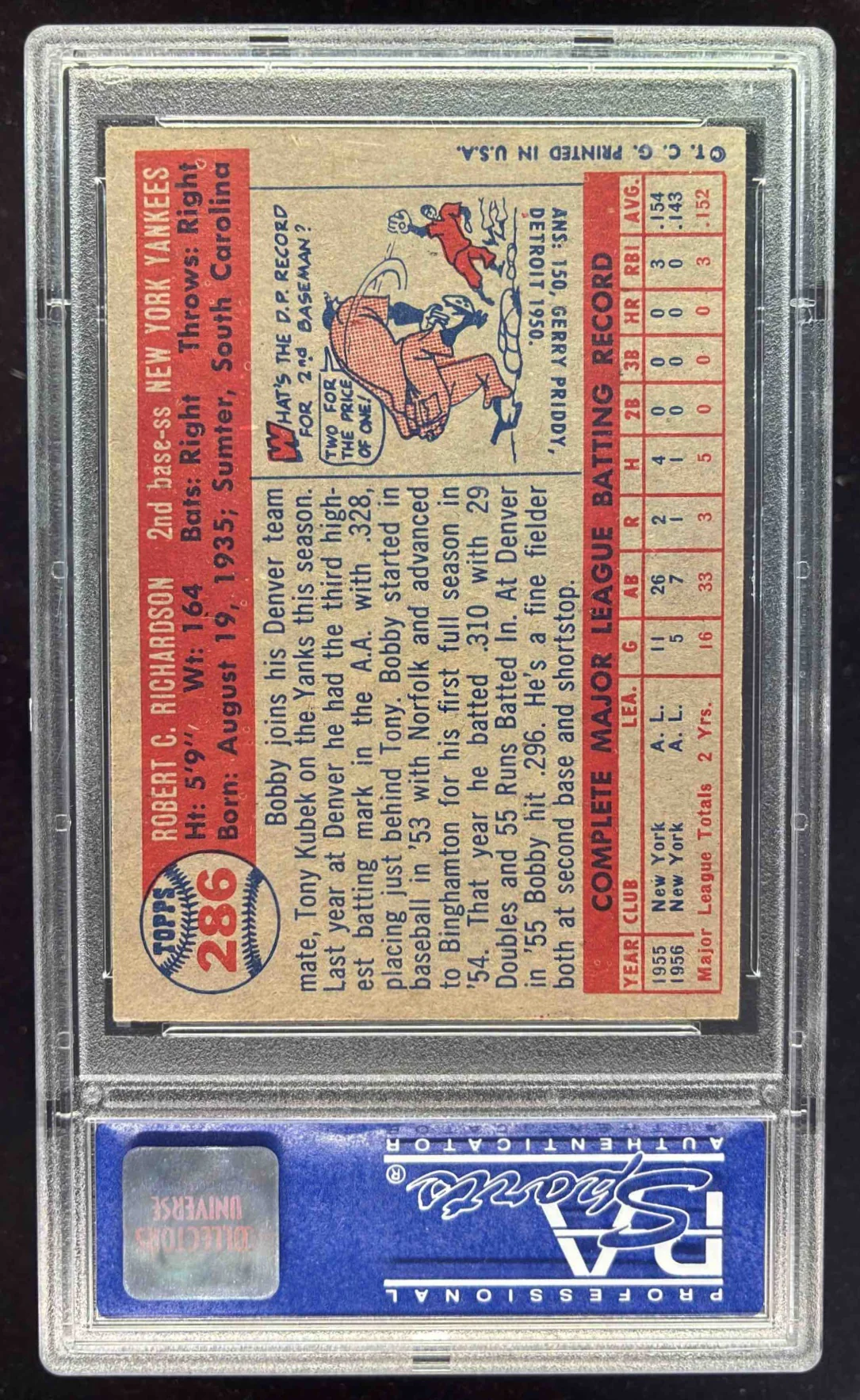 1957 Topps #286 Bobby Richardson RC PSA 7 - Image 2