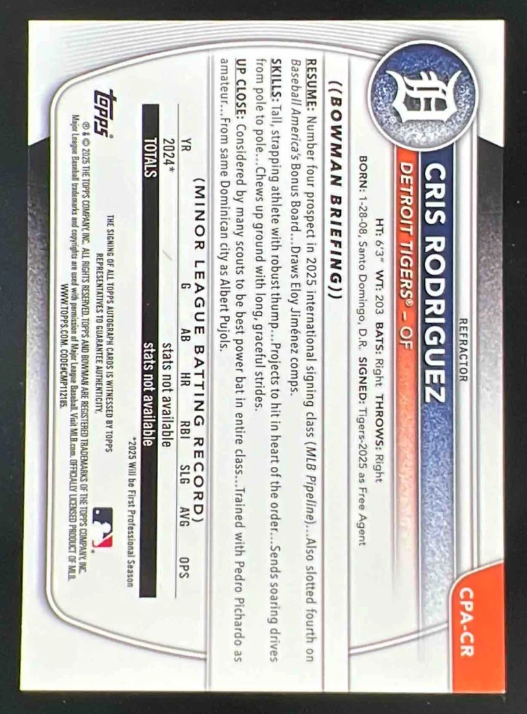 2025 Bowman Chrome Autograph Refractor #CPA-CR Cris Rodriguez 1st Auto /499 - Image 2