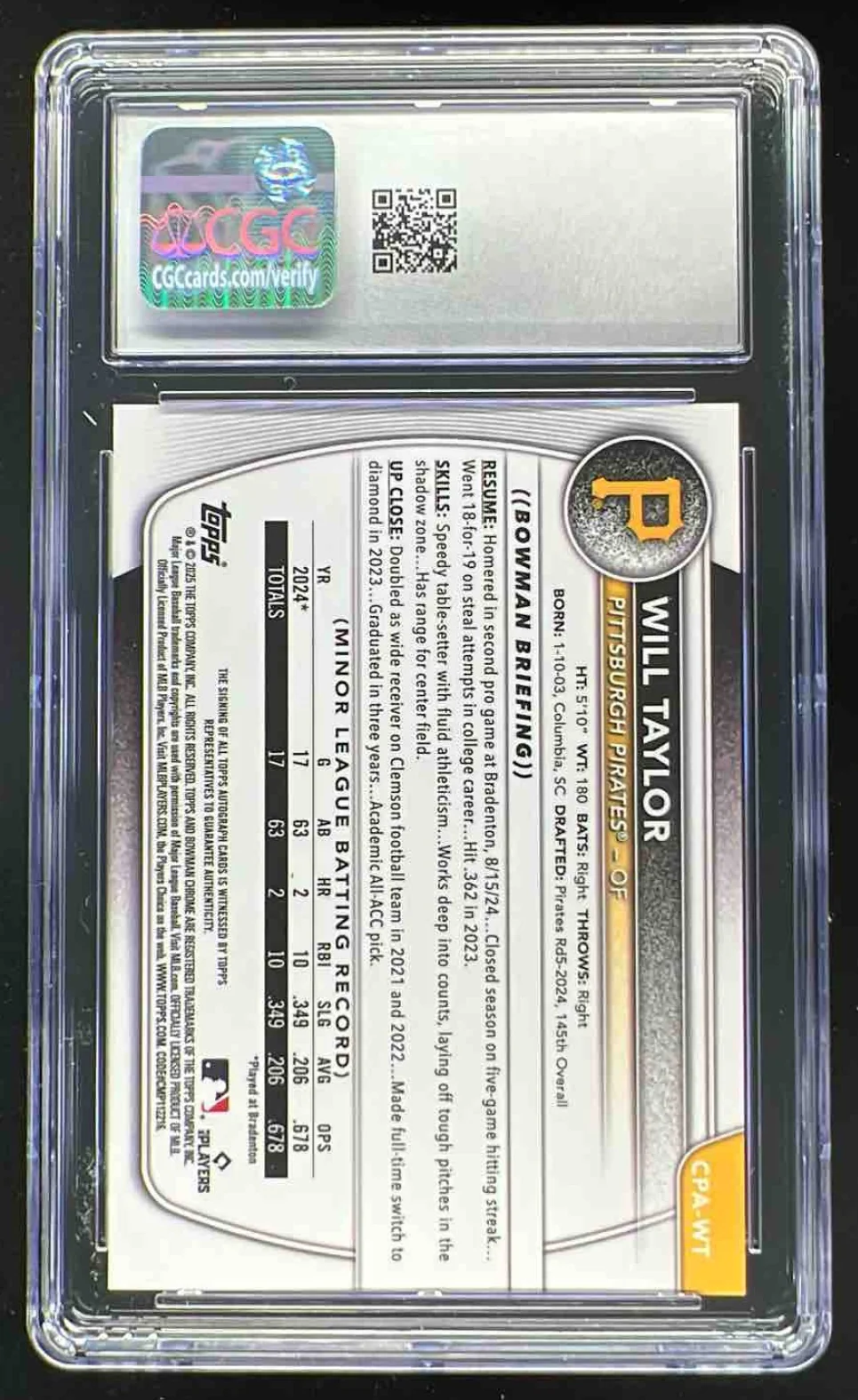 2025 Bowman Chrome Gold Refractor #CPA-WT Will Taylor RC Auto /50 CGC 10 - Image 2