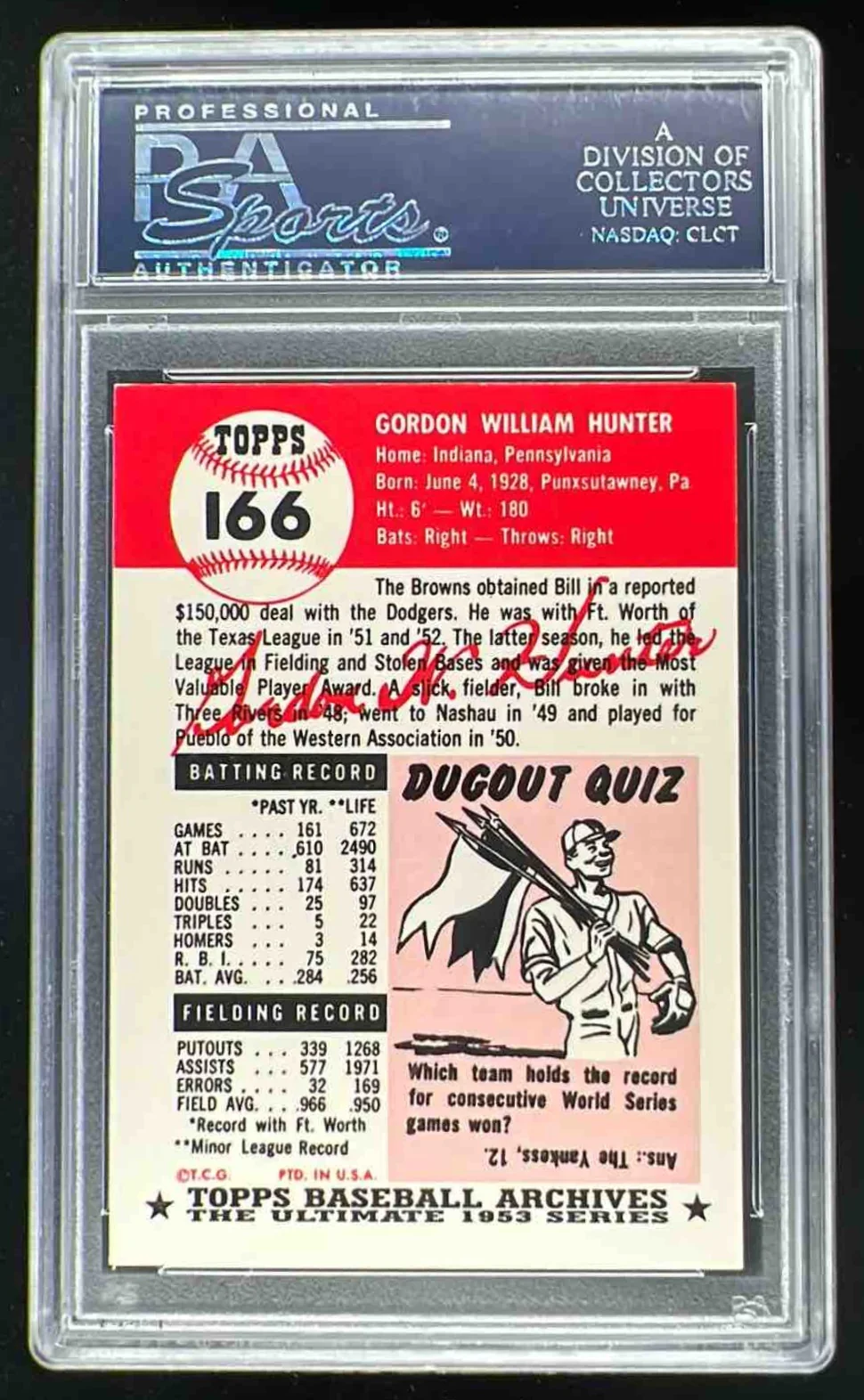 1991 Topps Archives 1953 #166 Bill Hunter Autograph Auto PSA Authentic - Image 2