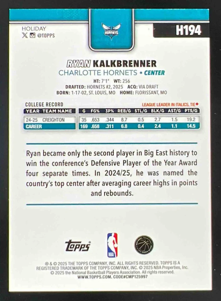 2025 Topps Holiday Orange Metallic Glitter Holiday #H194 Ryan Kalkbrenner RC /25 - Image 2