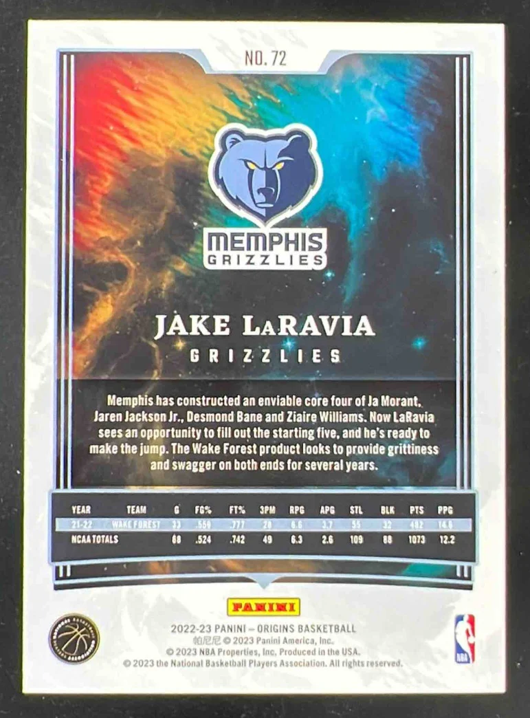 2022-23 Panini Origins Gold #72 Jake LaRavia RC /10 - Image 2