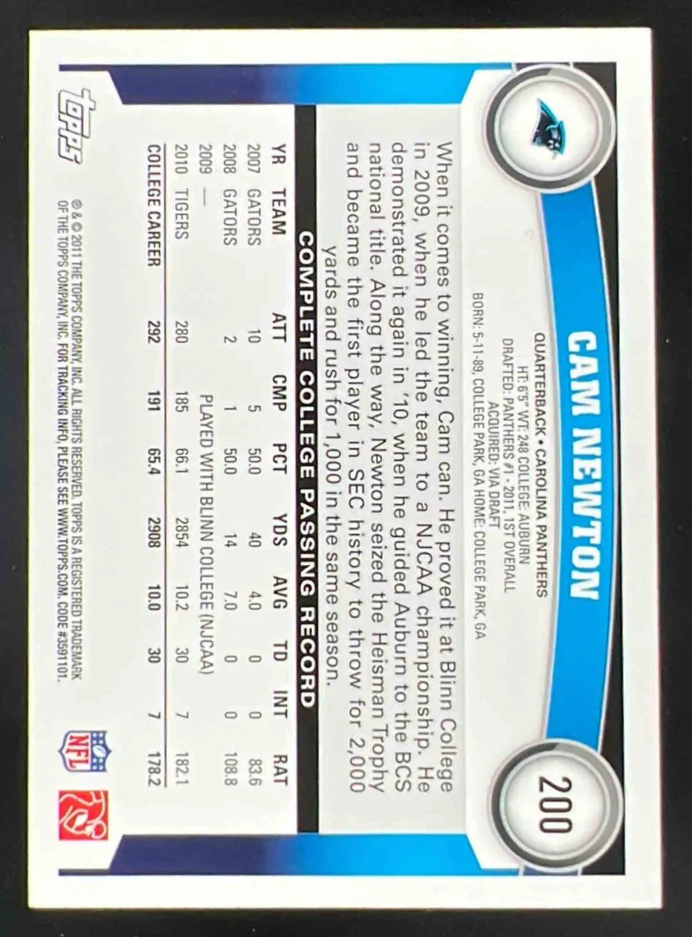 2011 Topps #200b Cam Newton RC - Image 2
