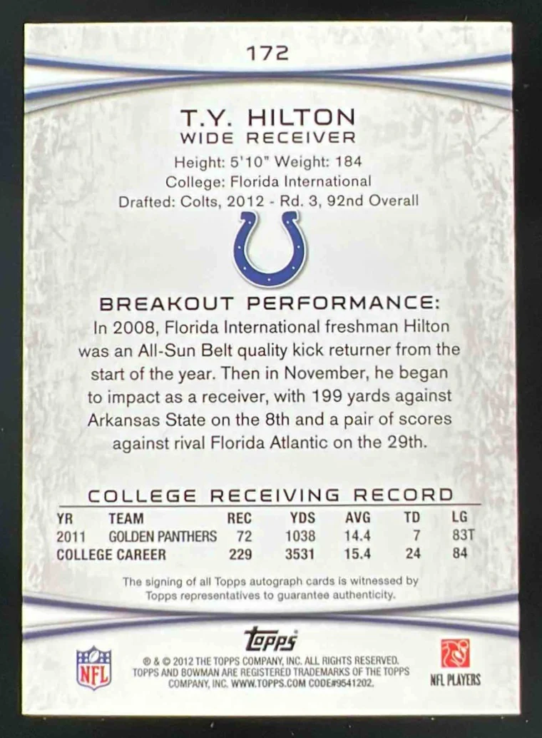 2012 Bowman Rookie Autographs #172 T.Y. Hilton RC Auto - Image 2