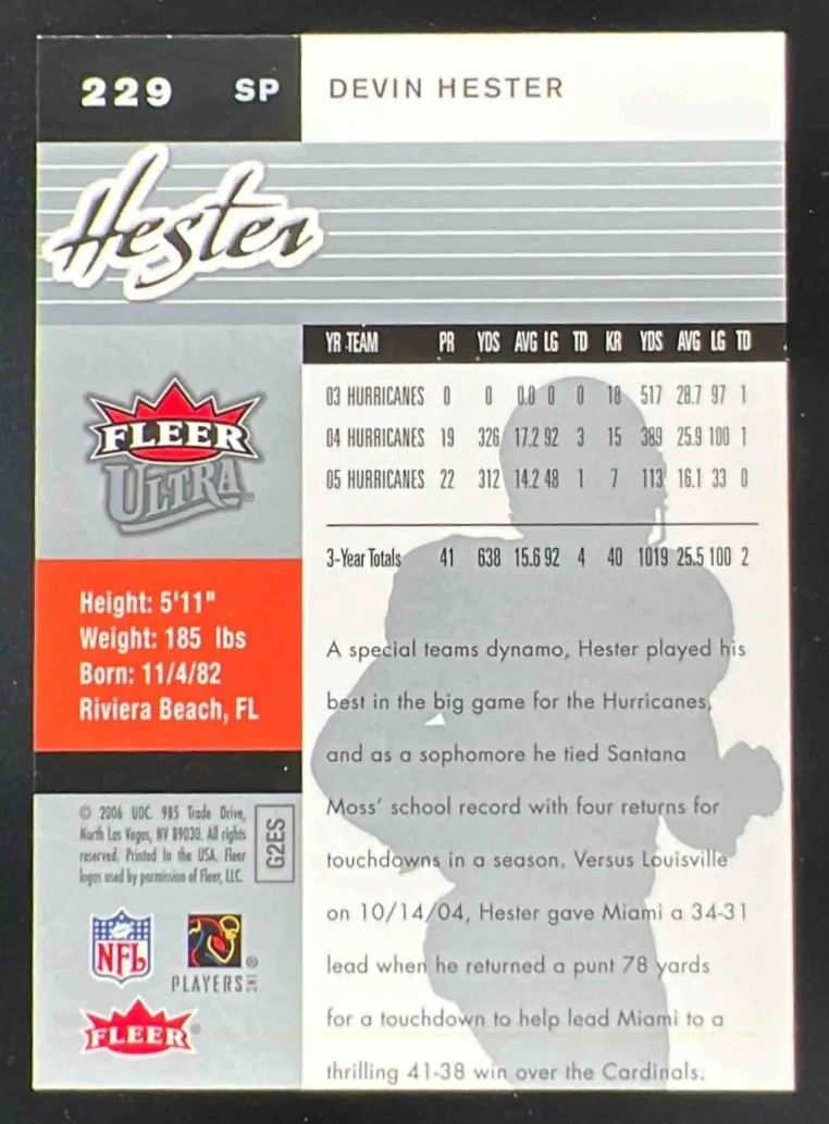 2006 Fleer Ultra Rookies #229 Devin Hester - Image 2