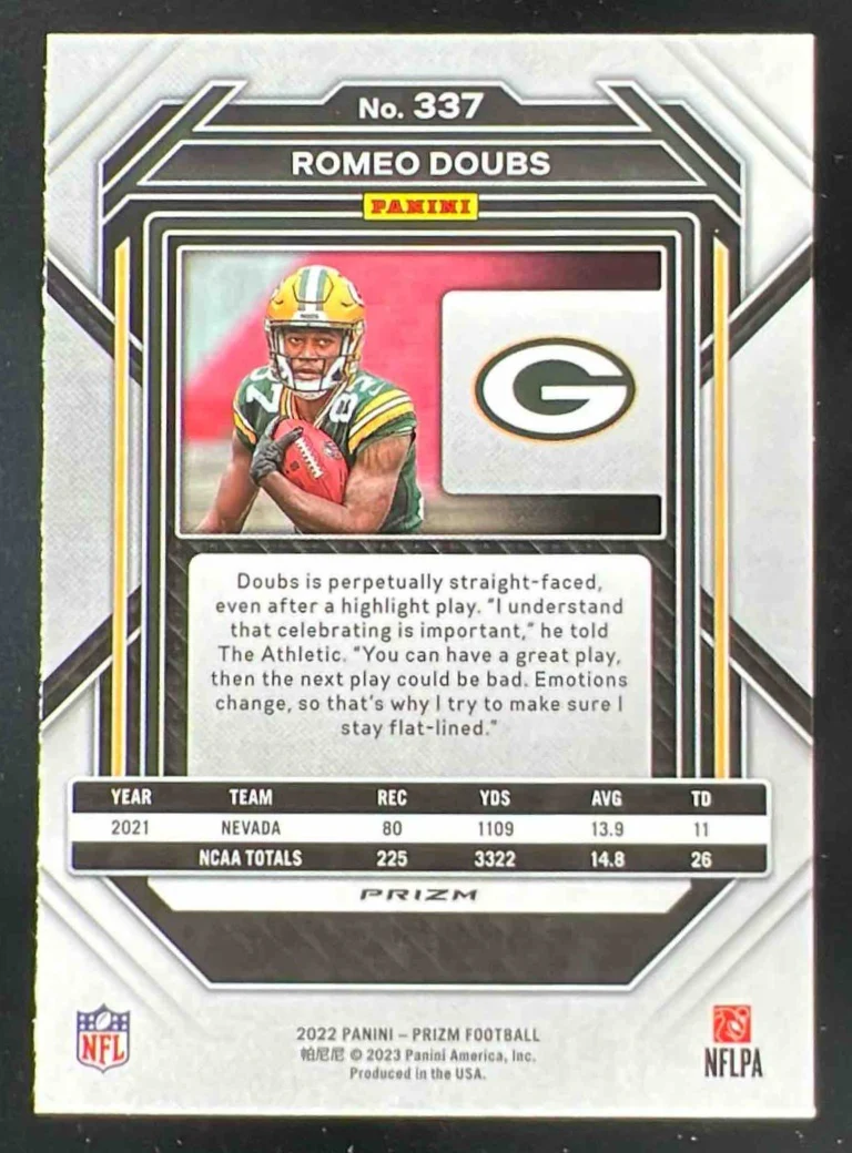 2022 Panini Prizm Red Sparkle #337 Romeo Doubs RC - Image 2