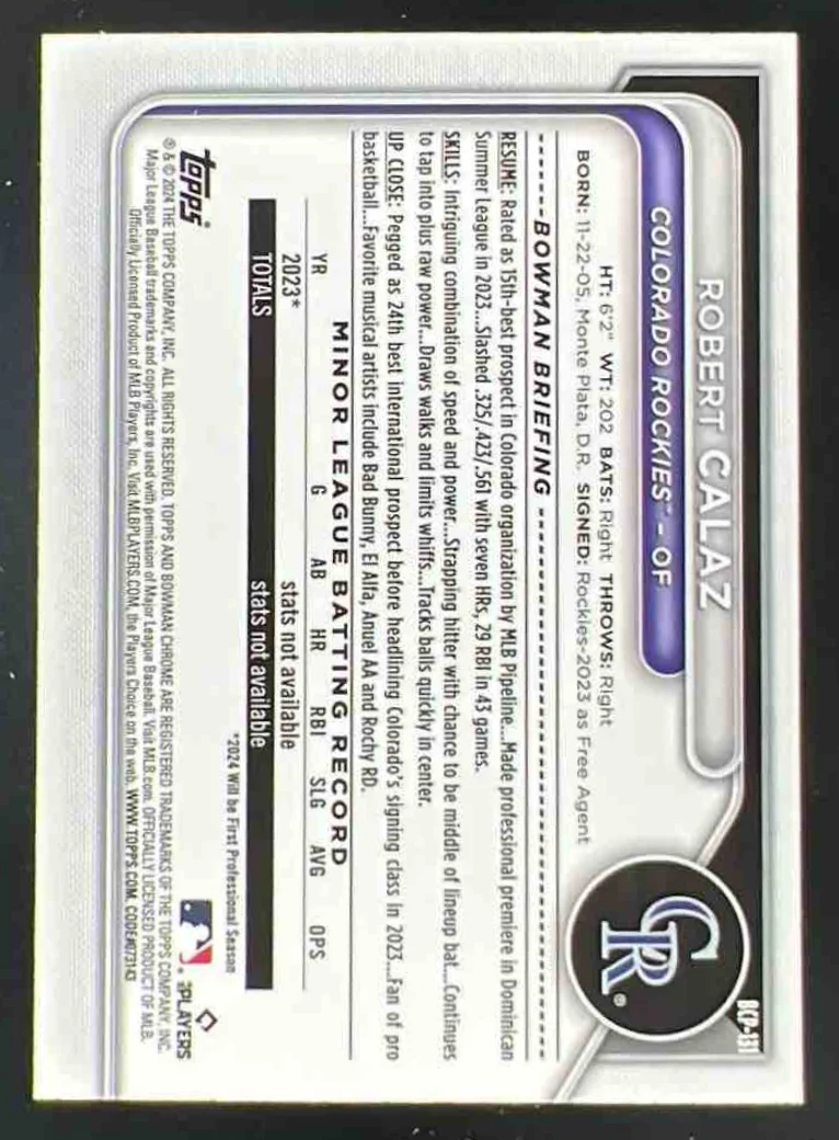 2024 Bowman Chrome Prospects Yellow Refractors #BCP-131 Robert Calaz RC /75 - Image 2