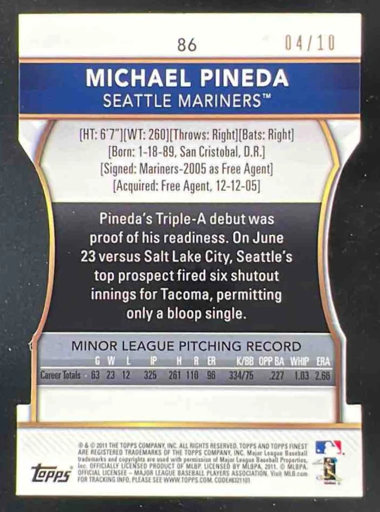 2011 Topps Finest Die Cut Mosaic #86 Michael Pineda RC /10 - Image 2