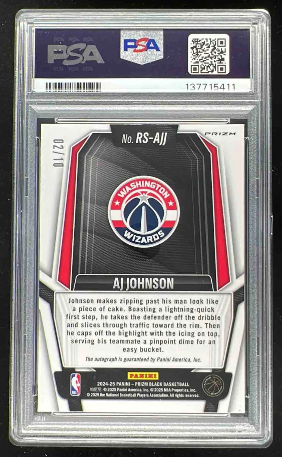 2024 Panini Prizm Black Rookie Gold Prizms #RS-AJJ AJ Johnson RC Auto /10 PSA 10 - Image 2