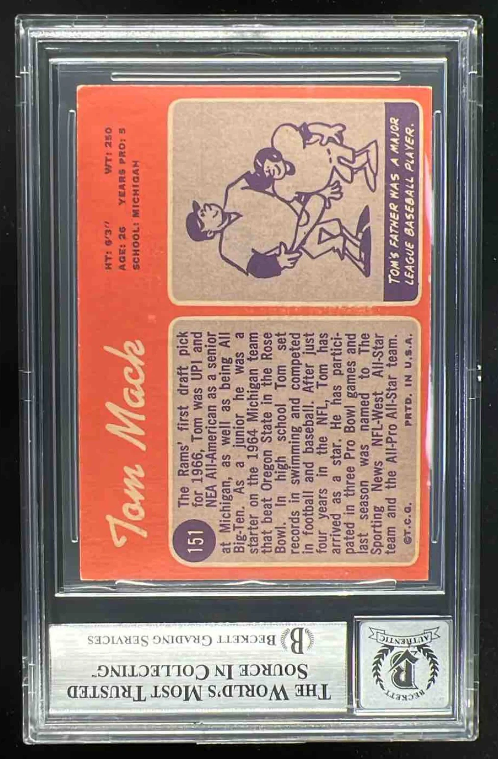 1970 Topps #151 Tom Mack RC Auto BGS Authentic - Image 2