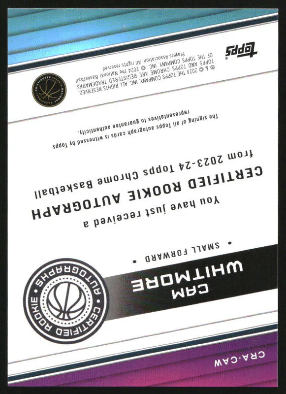 2023-24 Topps Chrome Rookie Autographs #CRACAW Cam Whitmore RC Auto - Image 2
