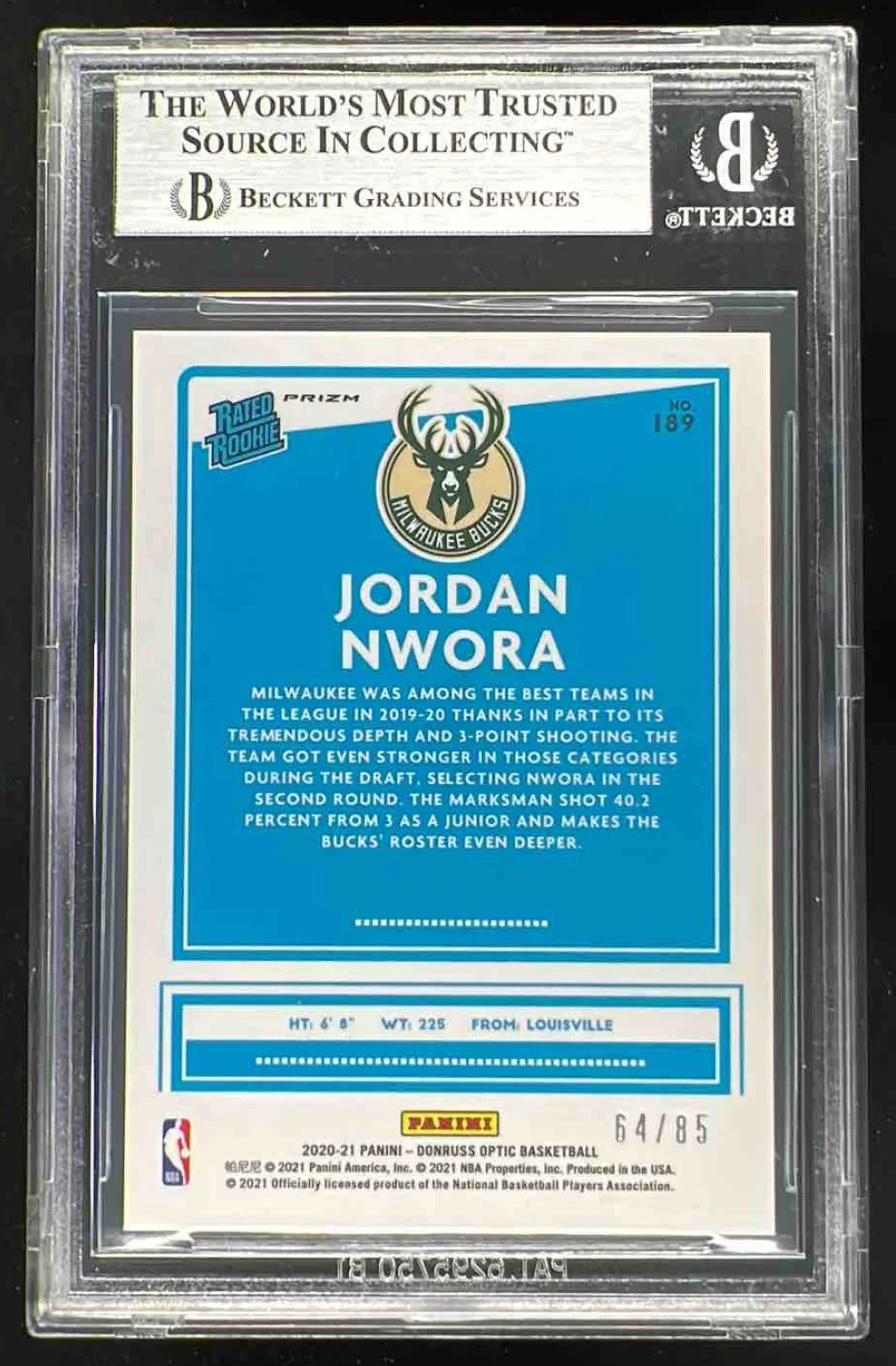 2020-21 Panini Donruss Optic Fast Break Red #189 Jordan Nwora RC /85 BGS 8.5 - Image 2