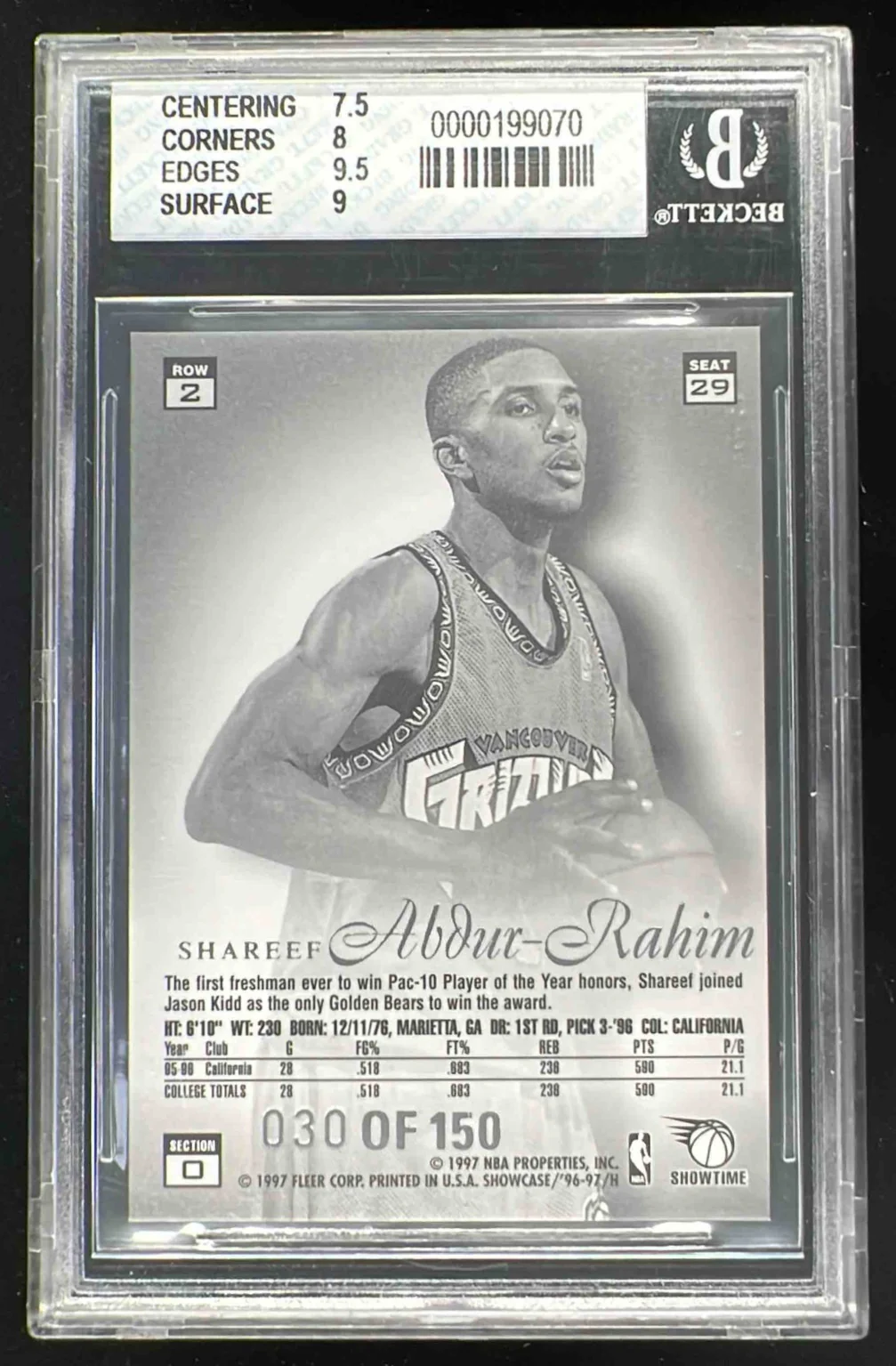 1996 Flair Showcase Legacy Collection Row 2 Shareef Abdur-Rahim RC /150 BGS 8 - Image 2
